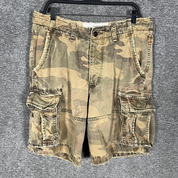 VTG Abercrombie Fitch Paratrooper Short Mens 33 Camo Cargo Drawstring Distressed